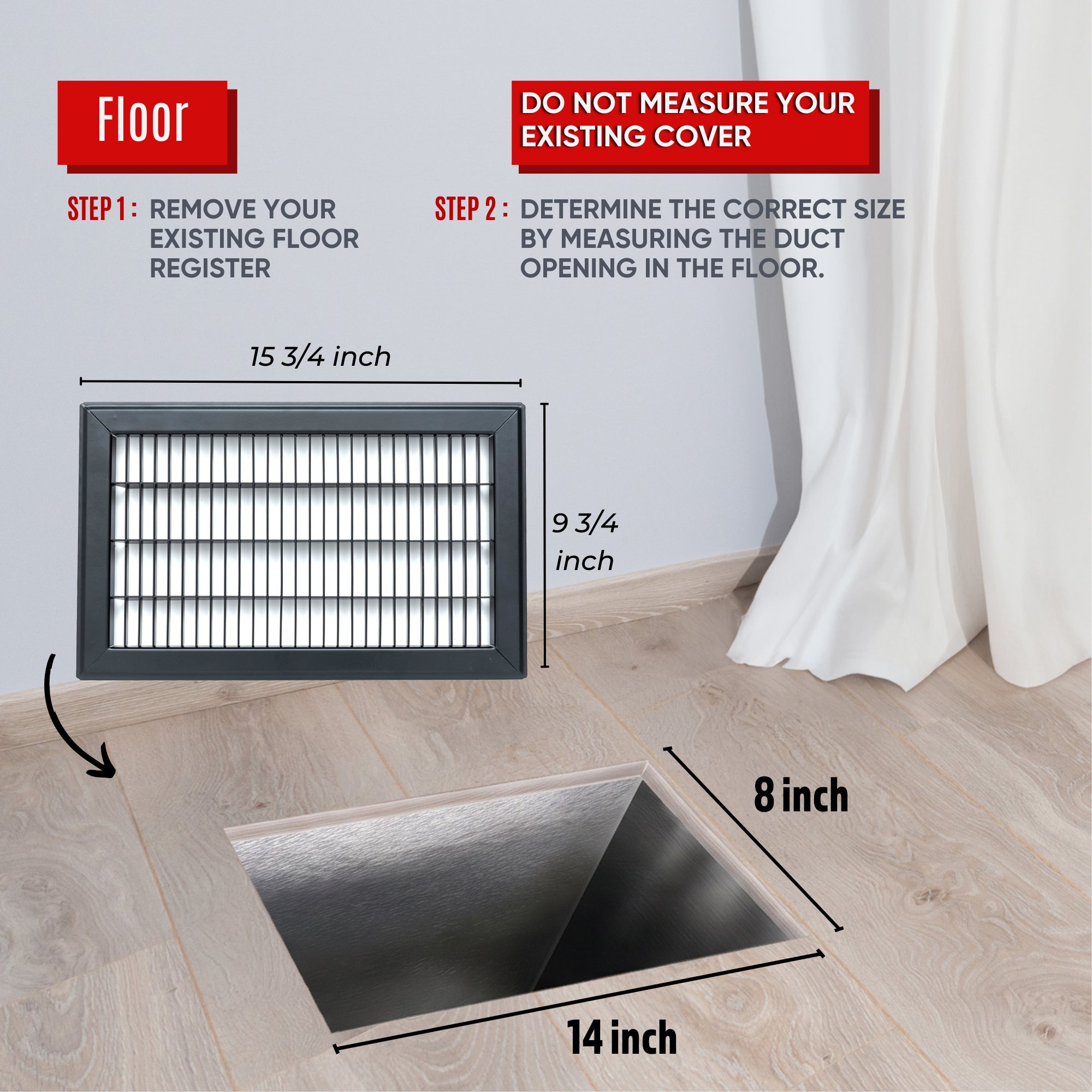 8 x 14-inch Black Steel heavy duty return floor register, dimensions