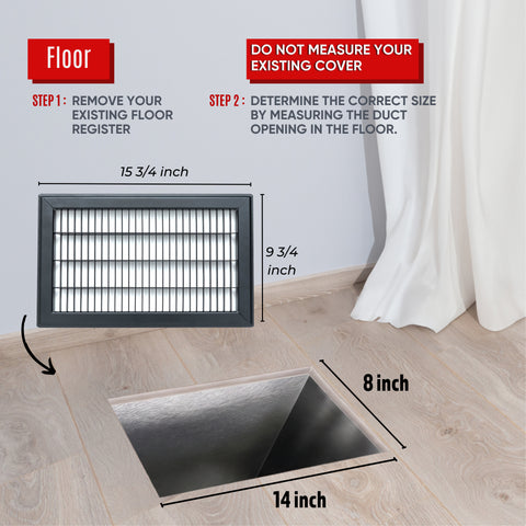 8 x 14-inch Black Steel heavy duty return floor register, dimensions