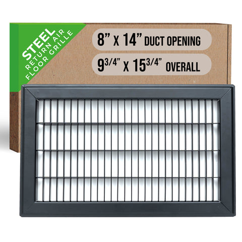 8"x14" Heavy Duty Return Air Floor Grille | Walkable Black | Out. Dim.: 9-3/4"W X 15-3/4"H