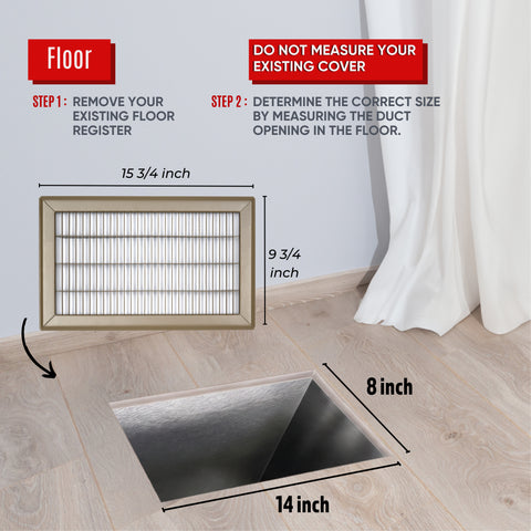 8 x 14-inch Brown Steel heavy duty return floor register, dimensions
