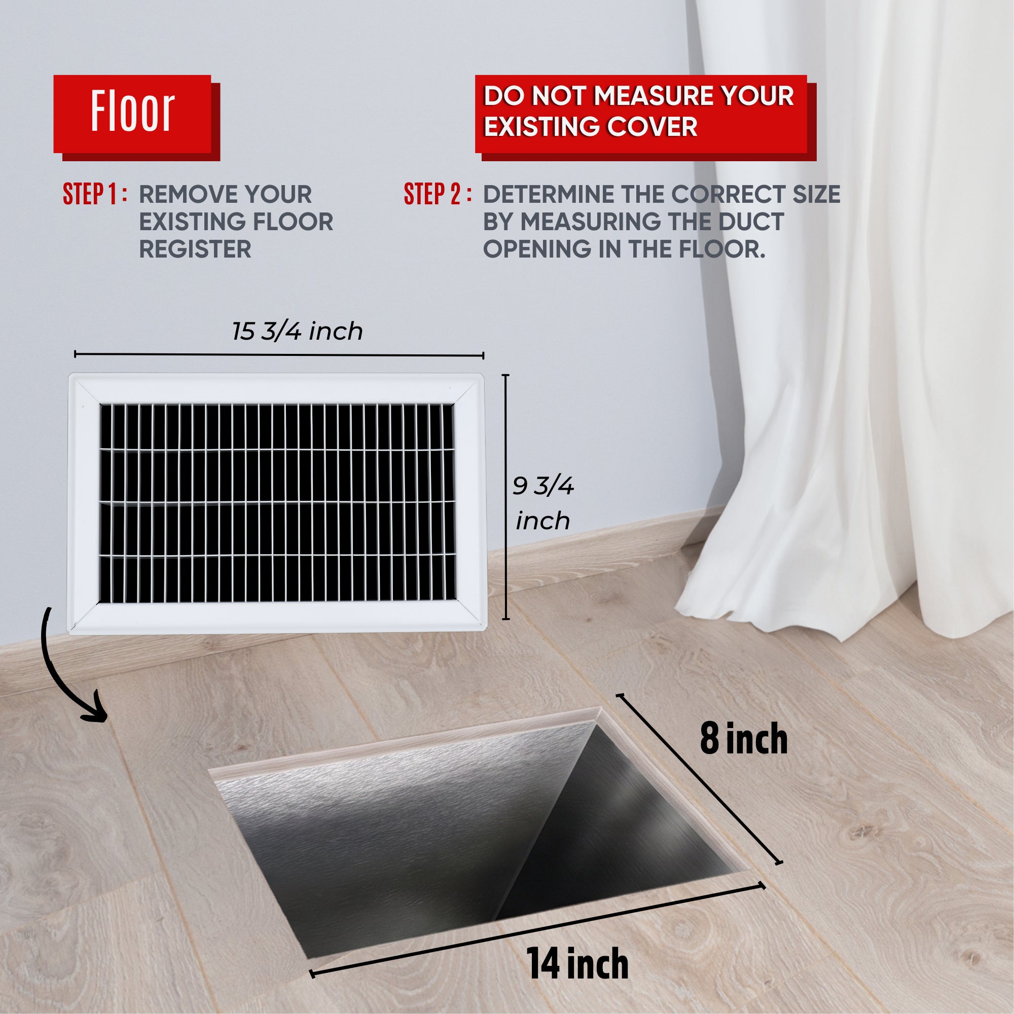 8 x 14-inch White Steel heavy duty return floor register, dimensions