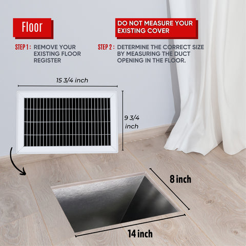 8 x 14-inch White Steel heavy duty return floor register, dimensions