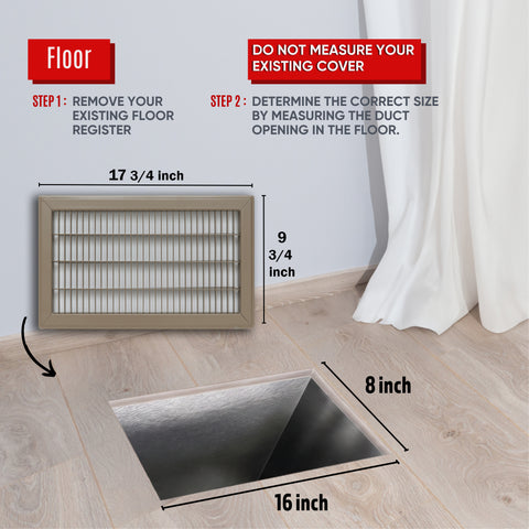 8 x 16-inch Brown Steel heavy duty return floor register, dimensions