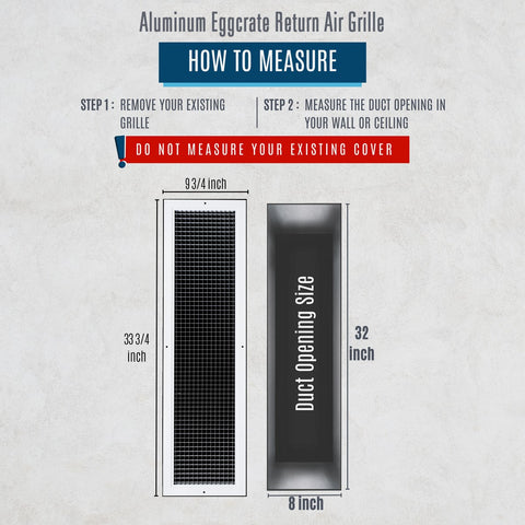 8" x 32" [Duct Opening] Aluminum Return Air Grille | Rust Proof Eggcrate Vent Cover Grill for Sidewall and Ceiling, White | Outer Dimensions: 9.75" X 33.75"