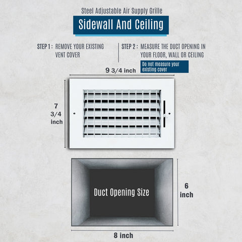 8x6 Steel Adjustable Air Vent Cover | Supply Register for Wall & Ceiling | White | Outer Dimension: 9-3/4"W X 7-3/4"H
