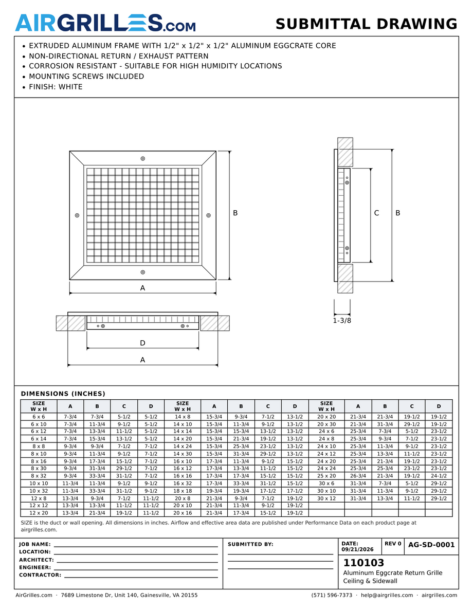 Submittal drawing AG-SD-0001: Aluminum Eggcrate Return Grille / Ceiling & Sidewall, dimensions for every size of model 110103