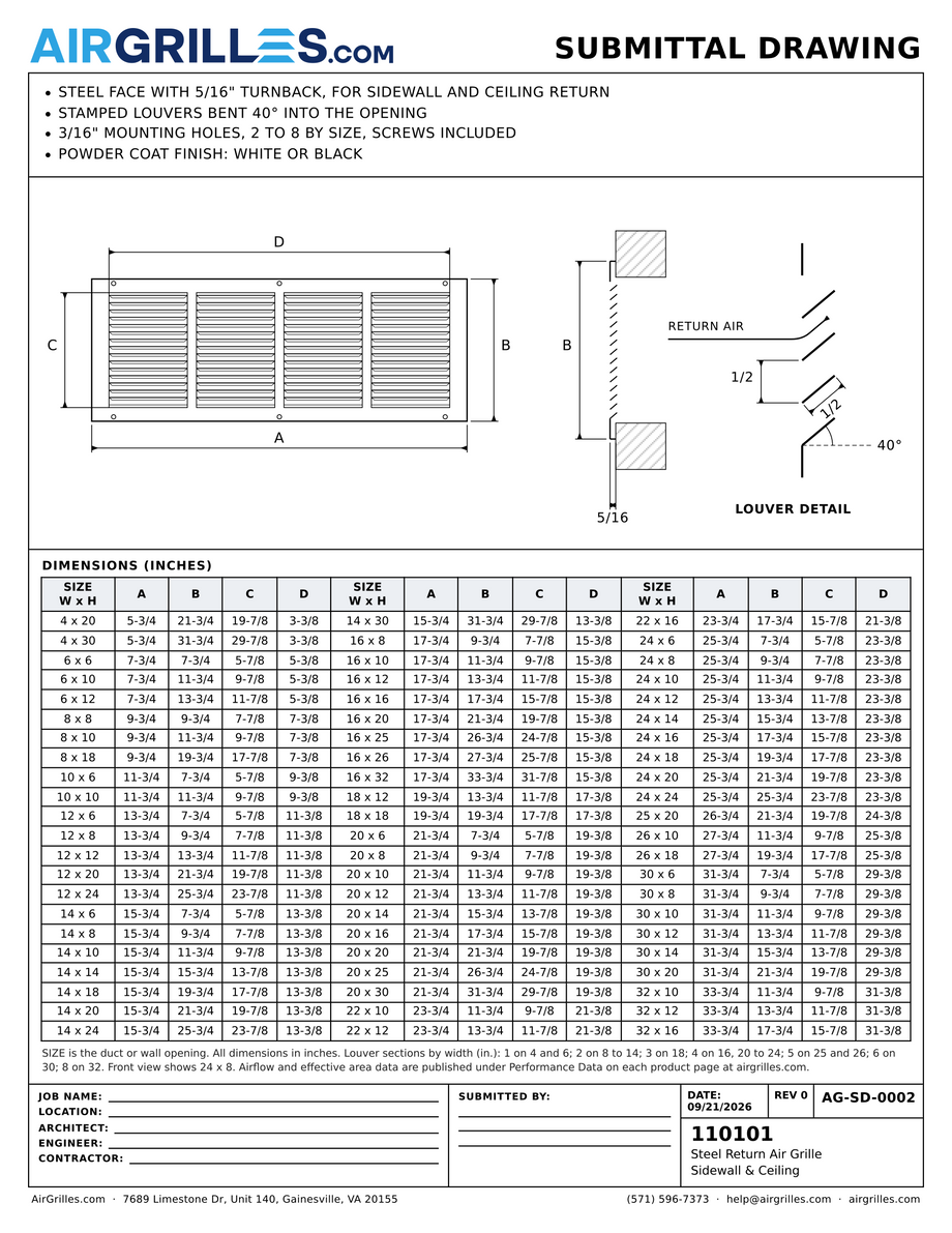 Submittal drawing AG-SD-0002: Steel Return Air Grille / Sidewall & Ceiling, dimensions for every size of model 110101