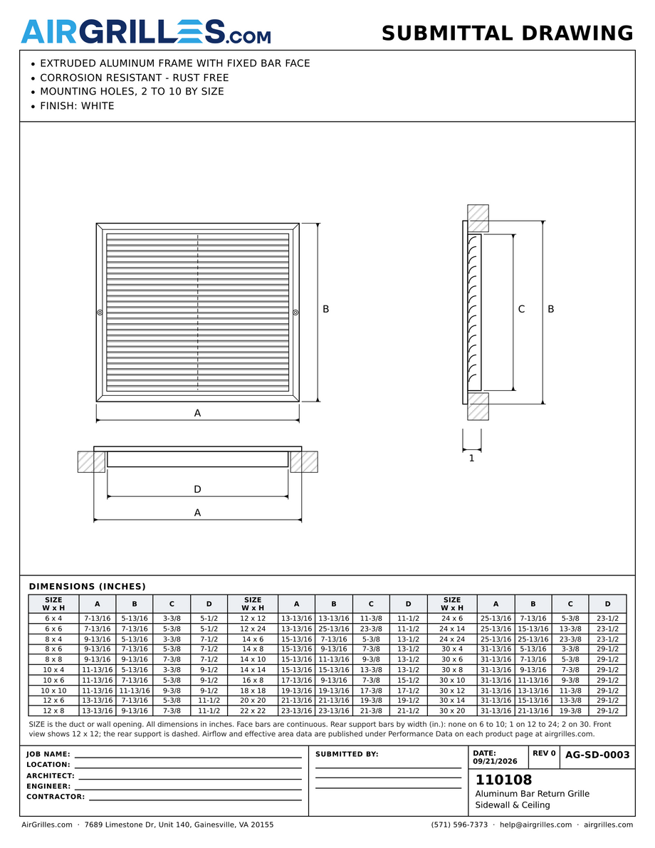 Submittal drawing AG-SD-0003: Aluminum Bar Return Grille / Sidewall & Ceiling, dimensions for every size of model 110108