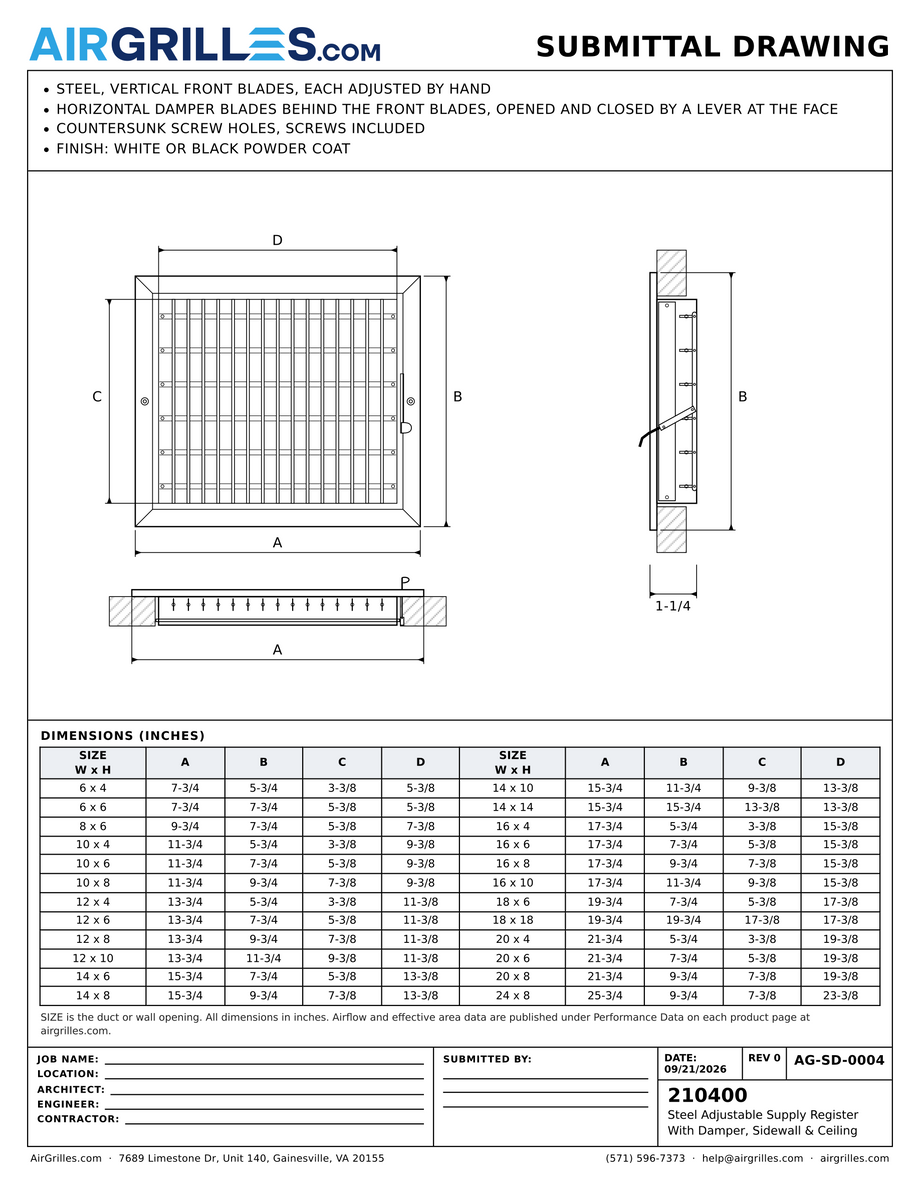 Submittal drawing AG-SD-0004: Steel Adjustable Supply Register / With Damper, Sidewall & Ceiling, dimensions for every size of model 210400