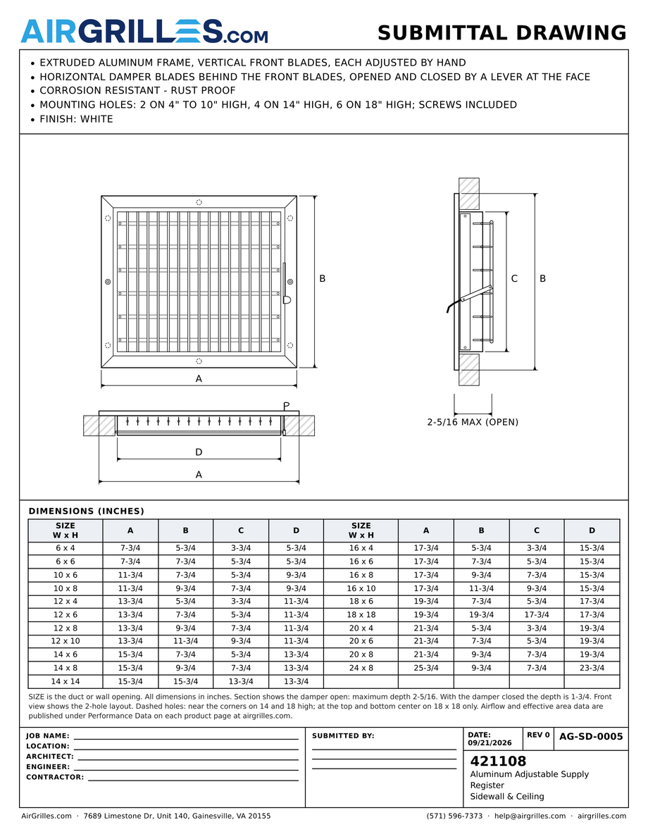 Submittal drawing AG-SD-0005: Aluminum Adjustable Supply Register / Sidewall & Ceiling, dimensions for every size of model 421108
