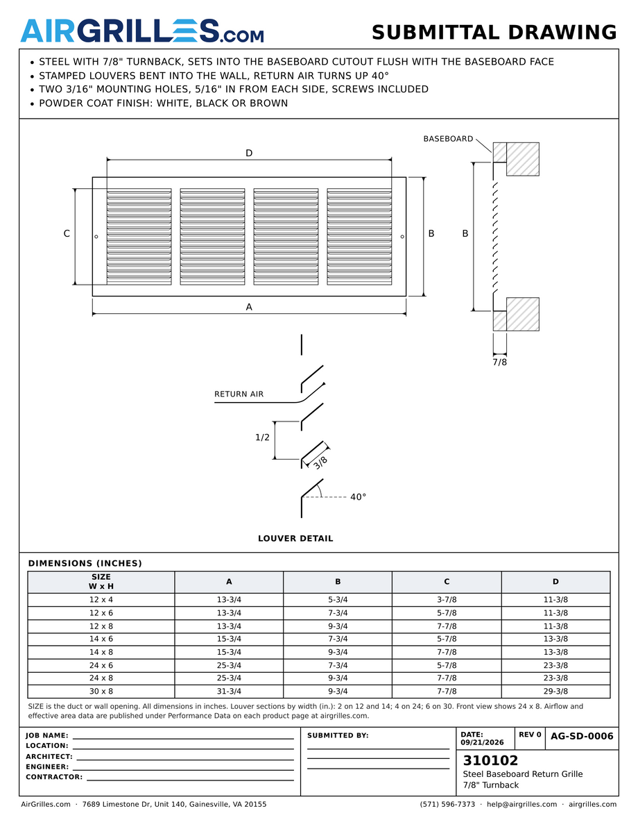 Submittal drawing AG-SD-0006: Steel Baseboard Return Grille / 7/8" Turnback, dimensions for every size of model 310102