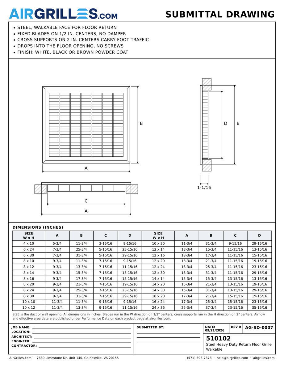 Submittal drawing AG-SD-0007: Steel Heavy Duty Return Floor Grille / Walkable, dimensions for every size of model 510102