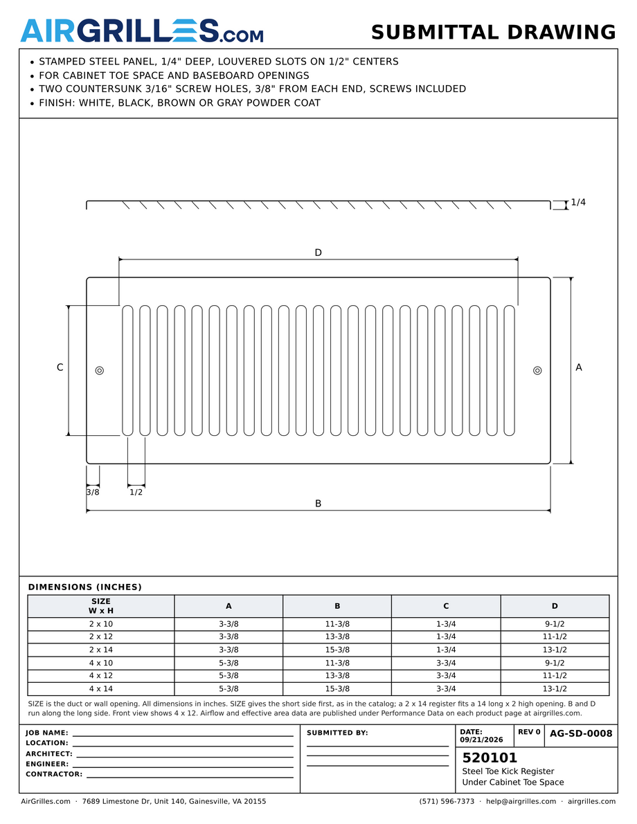 Submittal drawing AG-SD-0008: Steel Toe Kick Register / Under Cabinet Toe Space, dimensions for every size of model 520101