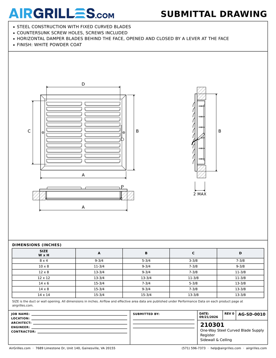 Submittal drawing AG-SD-0010: One-Way Steel Curved Blade Supply Register / Sidewall & Ceiling, dimensions for every size of model 210301