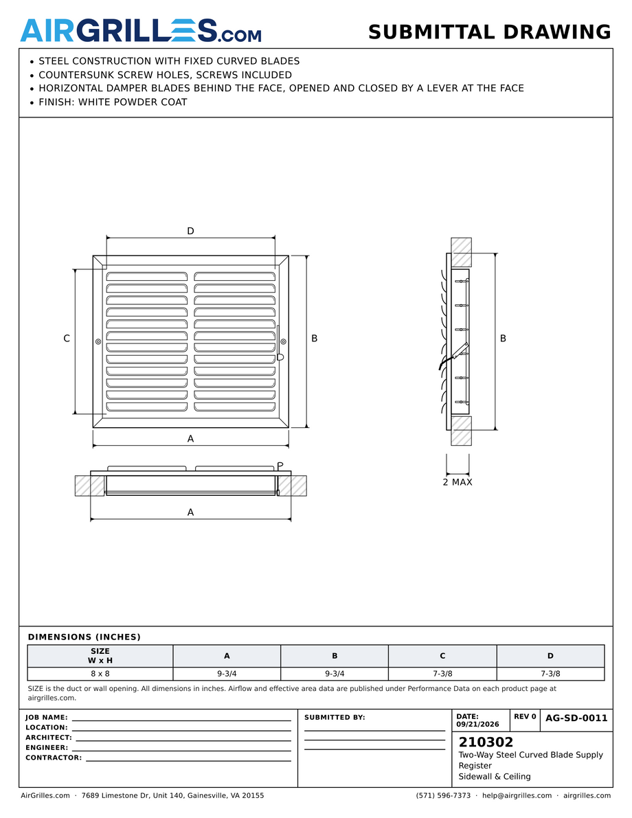 Submittal drawing AG-SD-0011: Two-Way Steel Curved Blade Supply Register / Sidewall & Ceiling, dimensions for every size of model 210302
