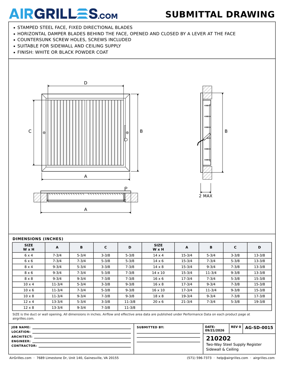 Submittal drawing AG-SD-0015: Two-Way Steel Supply Register / Sidewall & Ceiling, dimensions for every size of model 210202
