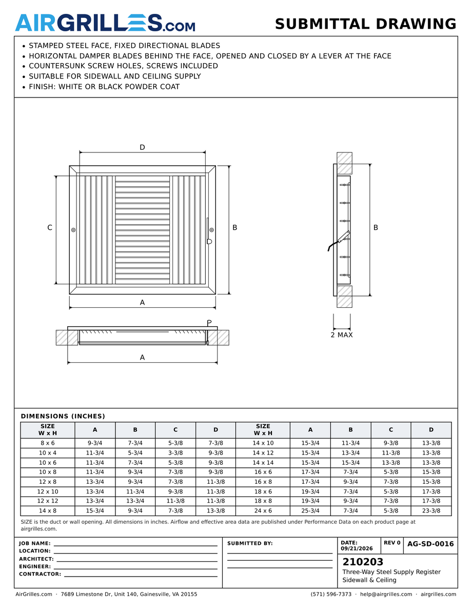 Submittal drawing AG-SD-0016: Three-Way Steel Supply Register / Sidewall & Ceiling, dimensions for every size of model 210203