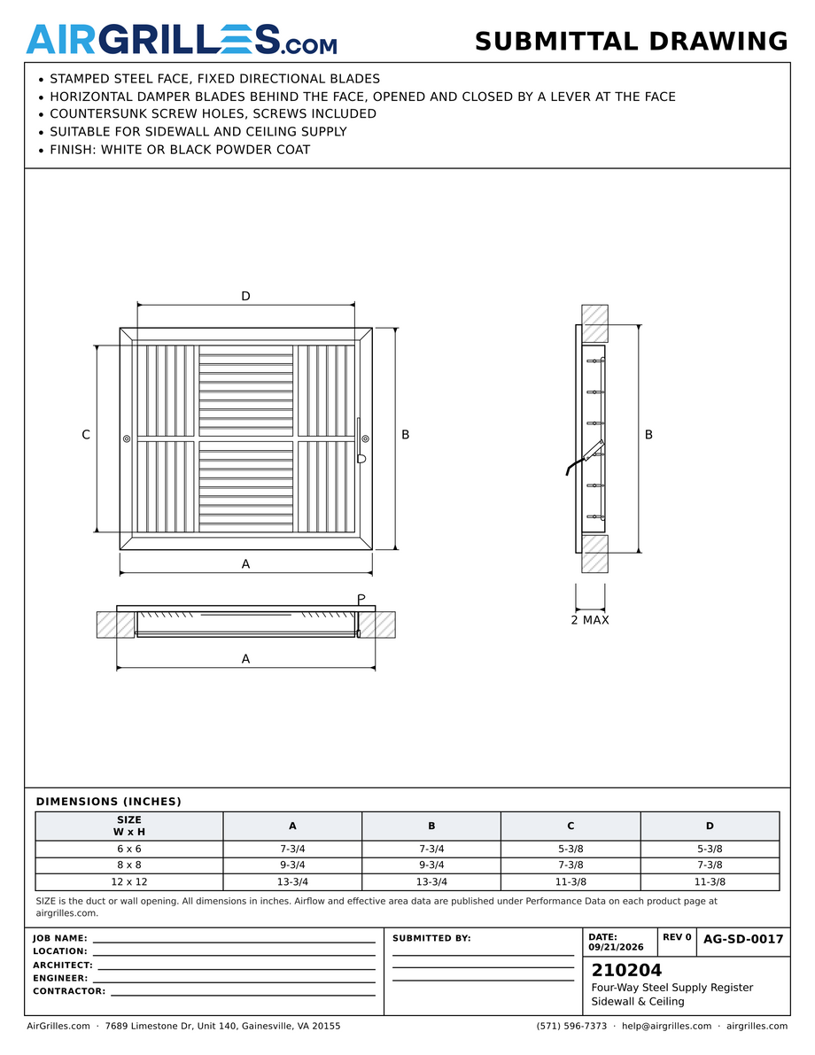 Submittal drawing AG-SD-0017: Four-Way Steel Supply Register / Sidewall & Ceiling, dimensions for every size of model 210204