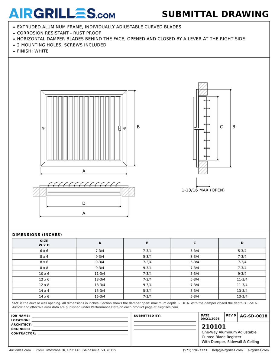 Submittal drawing AG-SD-0018: One-Way Aluminum Adjustable Curved Blade Register / With Damper, Sidewall & Ceiling, dimensions for every size of model 210101