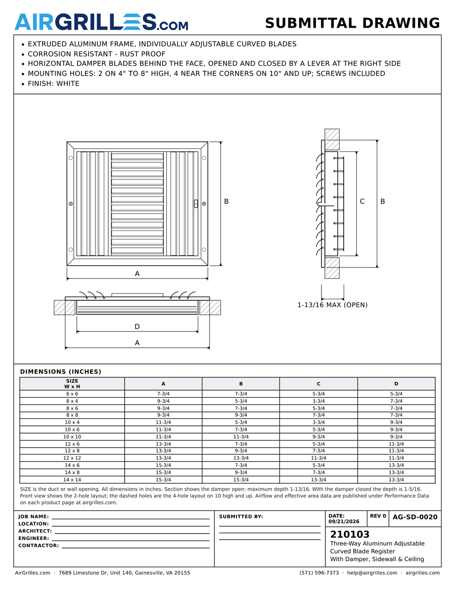Submittal drawing AG-SD-0020: Three-Way Aluminum Adjustable Curved Blade Register / With Damper, Sidewall & Ceiling, dimensions for every size of model 210103