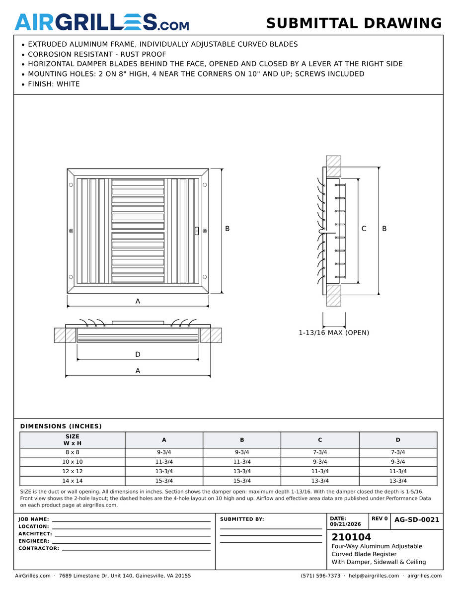 Submittal drawing AG-SD-0021: Four-Way Aluminum Adjustable Curved Blade Register / With Damper, Sidewall & Ceiling, dimensions for every size of model 210104