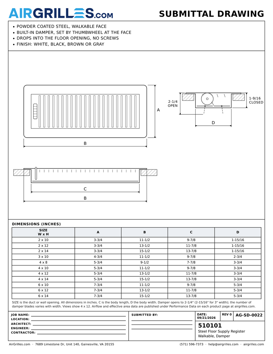 Submittal drawing AG-SD-0022: Steel Floor Supply Register / Walkable, Damper, dimensions for every size of model 510101