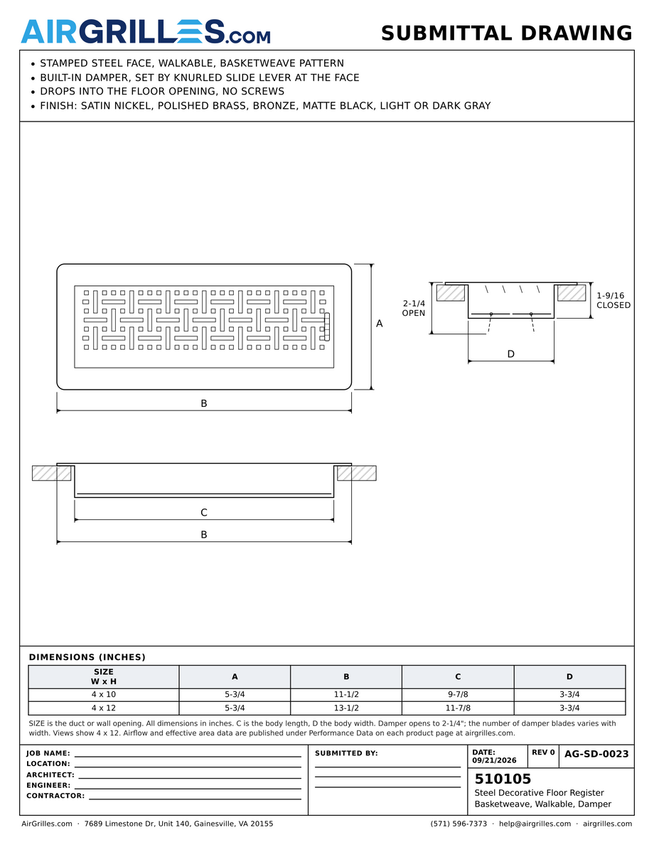 Submittal drawing AG-SD-0023: Steel Decorative Floor Register / Basketweave, Walkable, Damper, dimensions for every size of model 510105