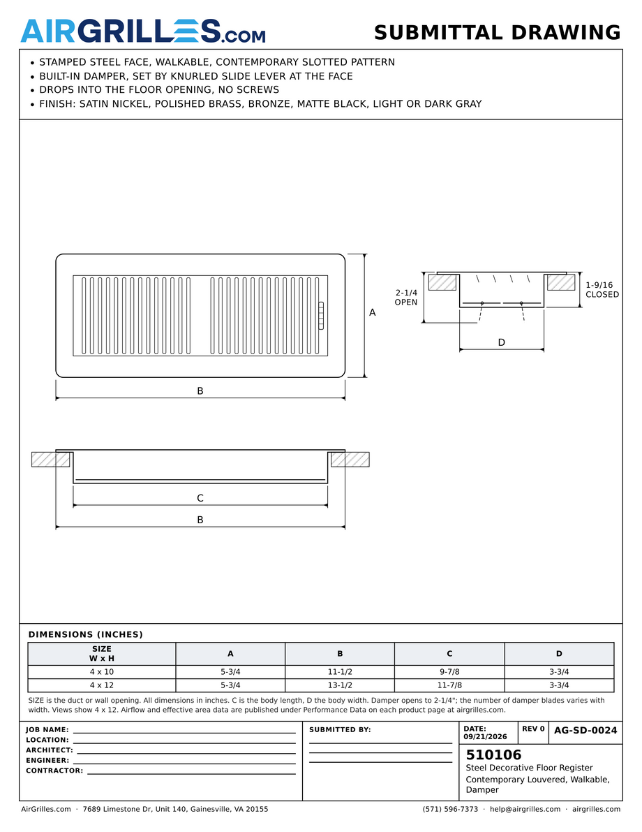 Submittal drawing AG-SD-0024: Steel Decorative Floor Register / Contemporary Louvered, Walkable, Damper, dimensions for every size of model 510106