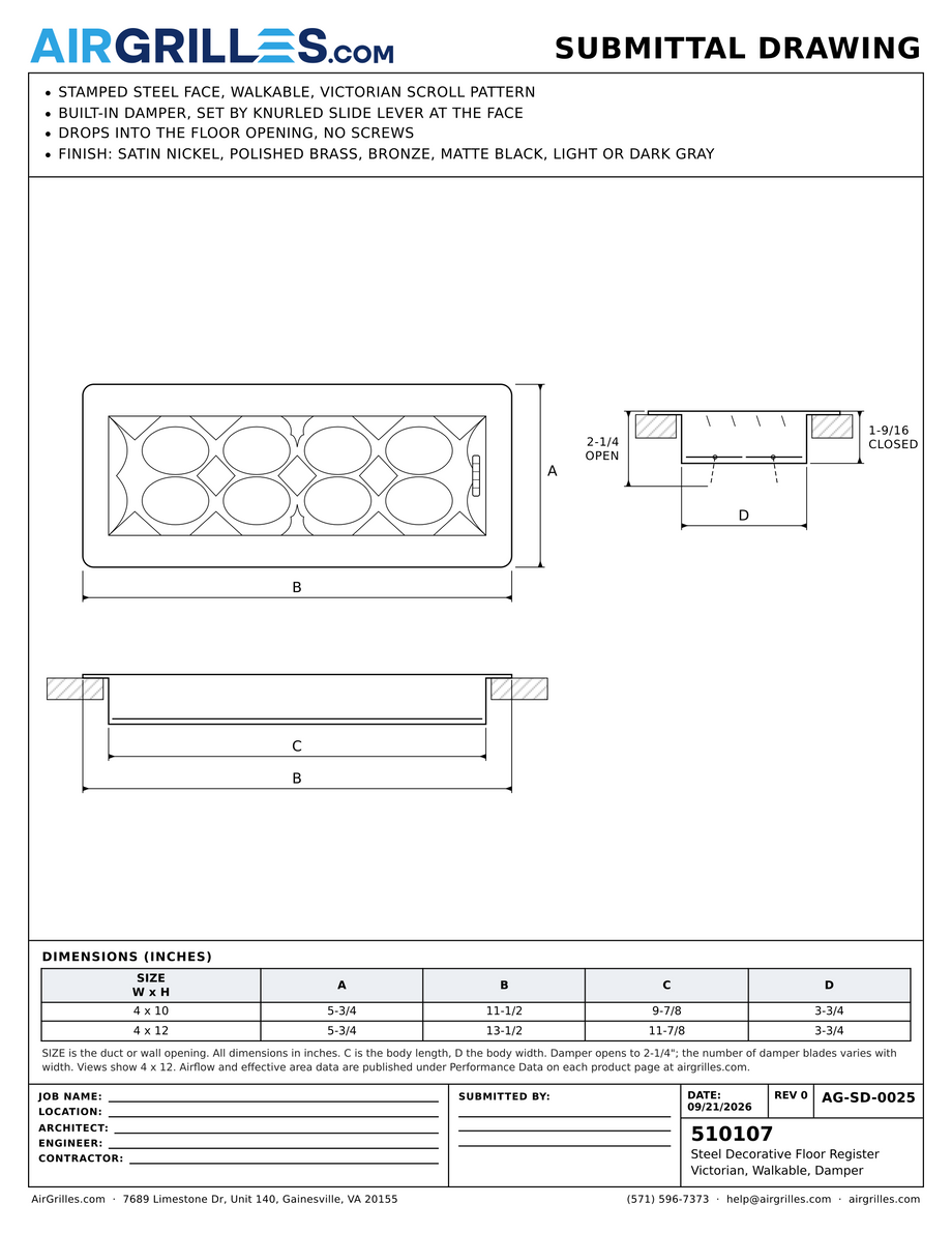 Submittal drawing AG-SD-0025: Steel Decorative Floor Register / Victorian, Walkable, Damper, dimensions for every size of model 510107