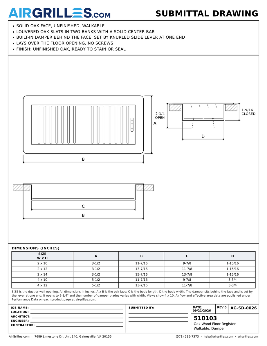 Submittal drawing AG-SD-0026: Oak Wood Floor Register / Walkable, Damper, dimensions for every size of model 510103