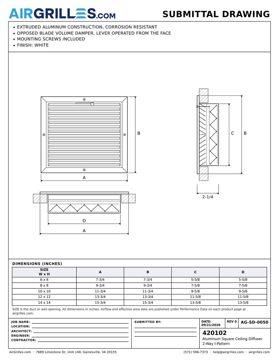 Submittal drawing AG-SD-0050: Aluminum Square Ceiling Diffuser / 2-Way I-Pattern, dimensions for every size of model 420102
