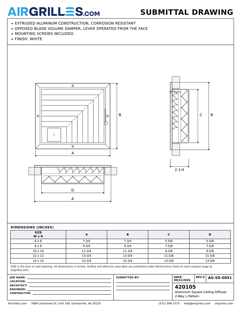 Submittal drawing AG-SD-0051: Aluminum Square Ceiling Diffuser / 2-Way L-Pattern, dimensions for every size of model 420105