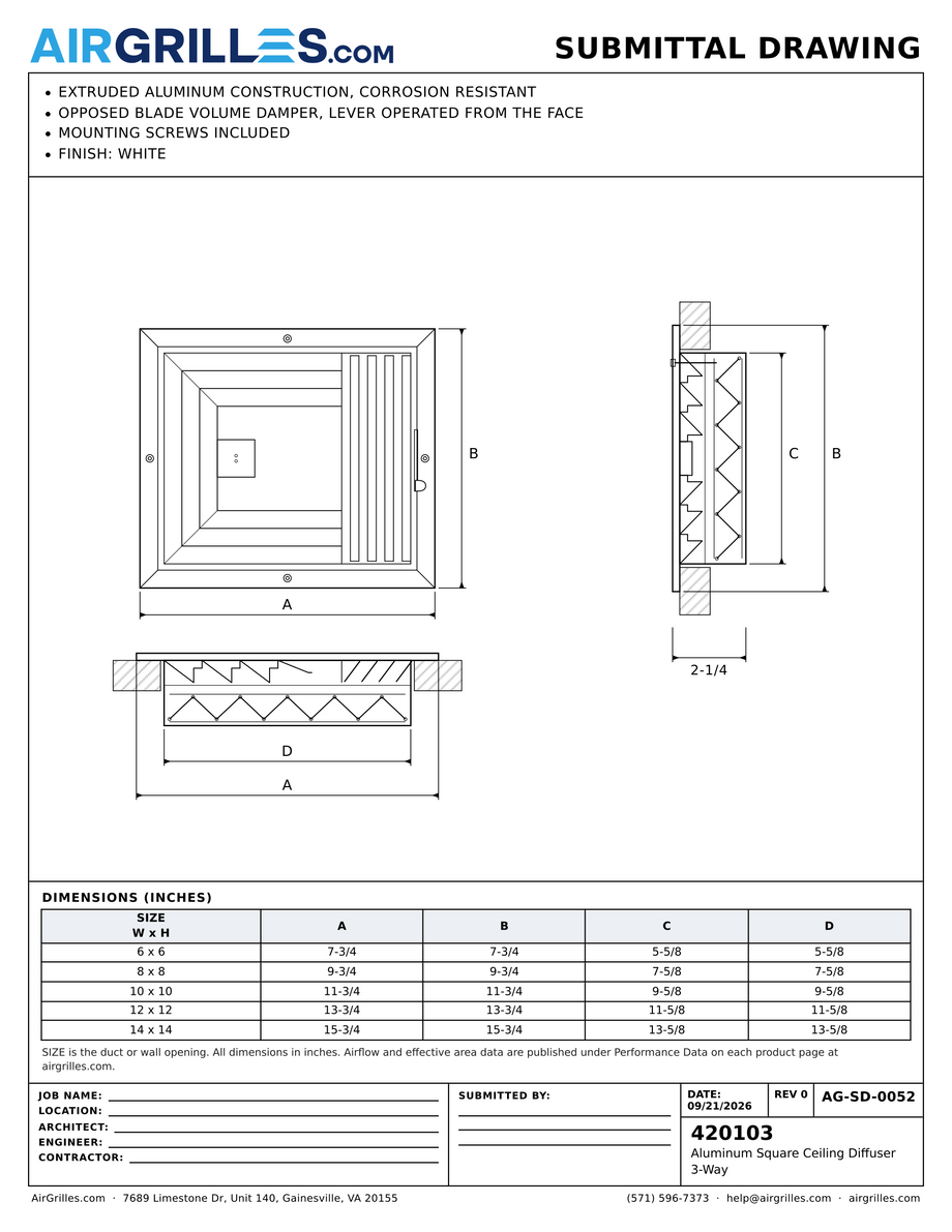 Submittal drawing AG-SD-0052: Aluminum Square Ceiling Diffuser / 3-Way, dimensions for every size of model 420103