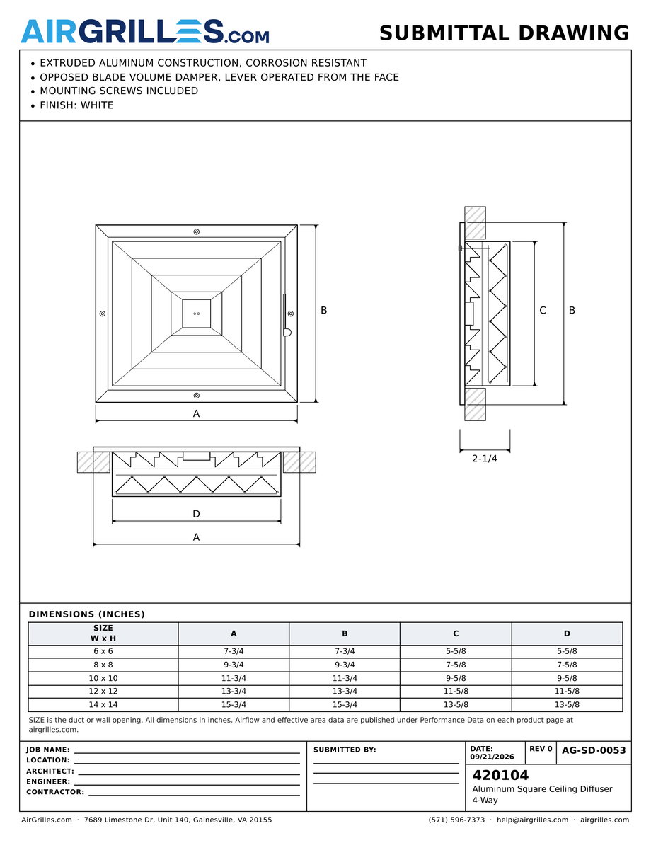Submittal drawing AG-SD-0053: Aluminum Square Ceiling Diffuser / 4-Way, dimensions for every size of model 420104