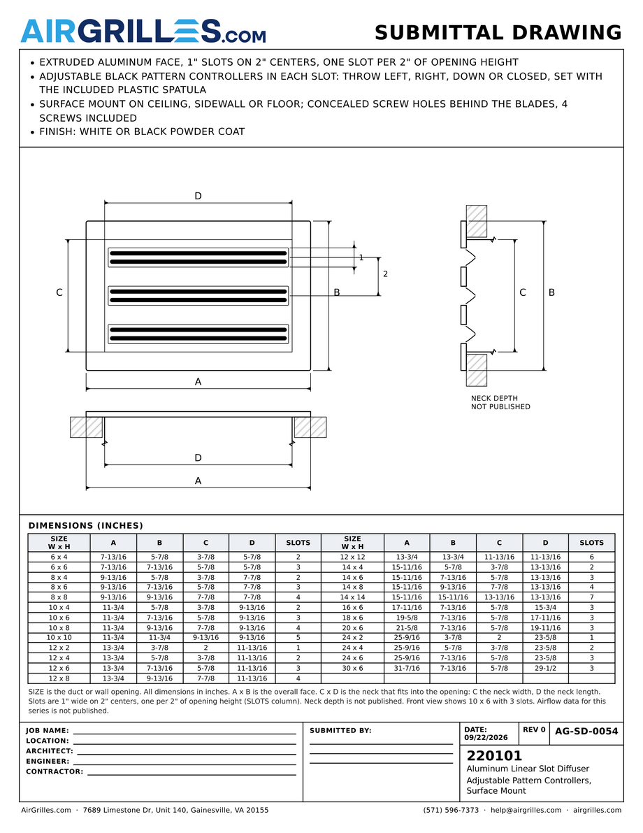 Submittal drawing AG-SD-0054: Aluminum Linear Slot Diffuser / Adjustable Pattern Controllers, Surface Mount, dimensions for every size of model 220101