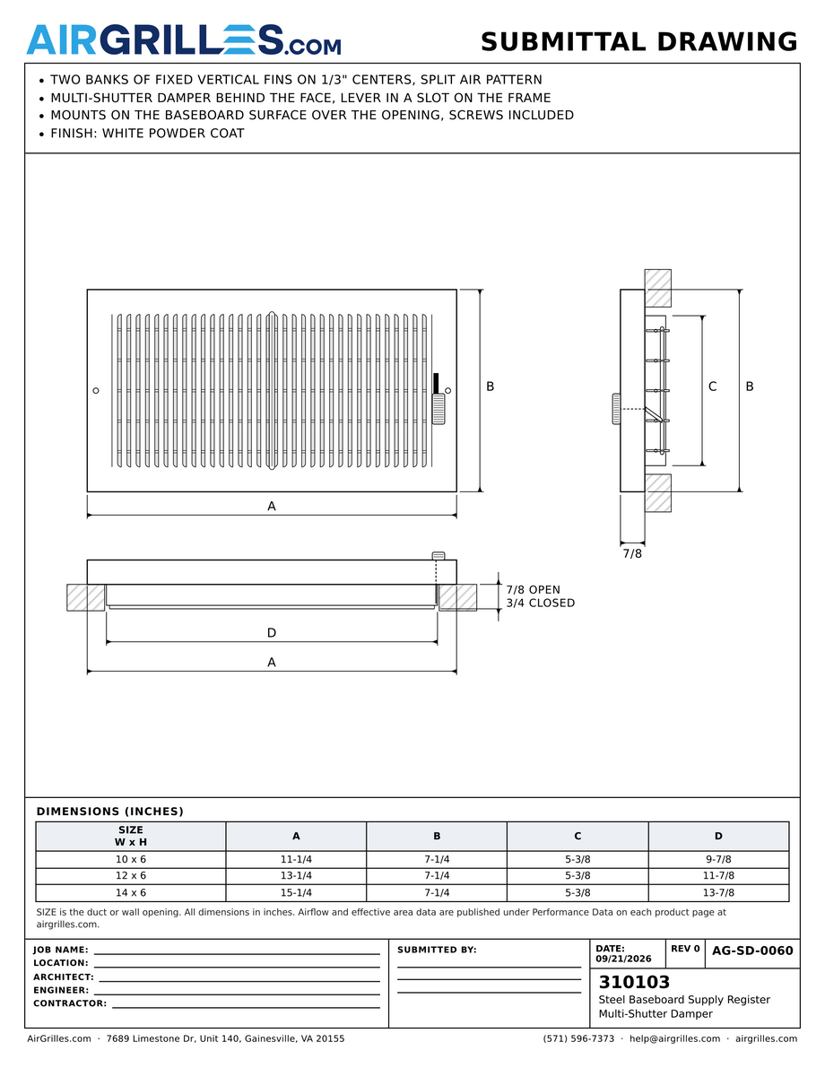 Submittal drawing AG-SD-0060: Steel Baseboard Supply Register / Multi-Shutter Damper, dimensions for every size of model 310103