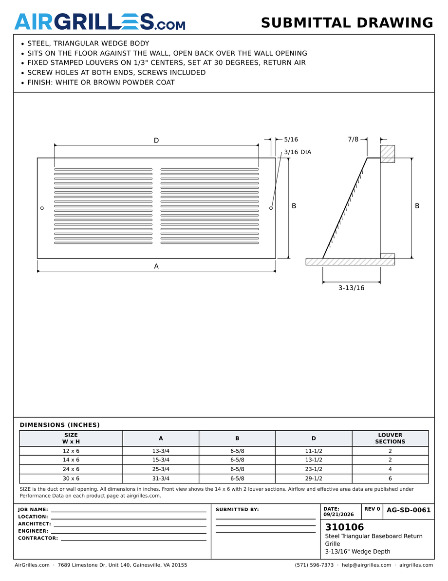 Submittal drawing AG-SD-0061: Steel Triangular Baseboard Return Grille / 3-13/16" Wedge Depth, dimensions for every size of model 310106