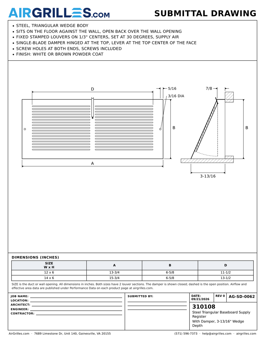 Submittal drawing AG-SD-0062: Steel Triangular Baseboard Supply Register / With Damper, 3-13/16" Wedge Depth, dimensions for every size of model 310108