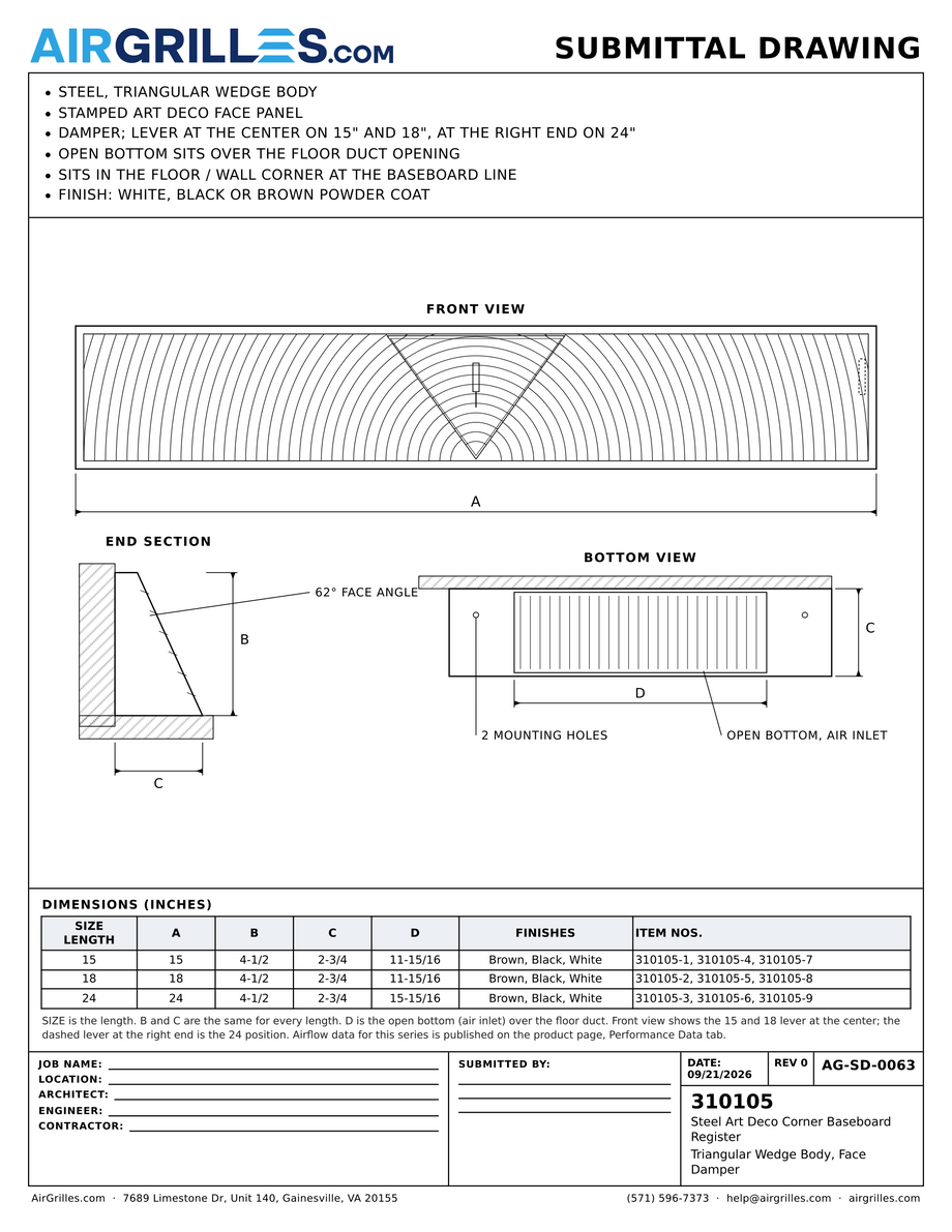 Submittal drawing AG-SD-0063: Steel Art Deco Corner Baseboard Register / Triangular Wedge Body, Face Damper, dimensions for every size of model 310105