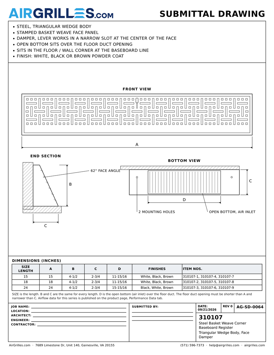 Submittal drawing AG-SD-0064: Steel Basket Weave Corner Baseboard Register / Triangular Wedge Body, Face Damper, dimensions for every size of model 310107