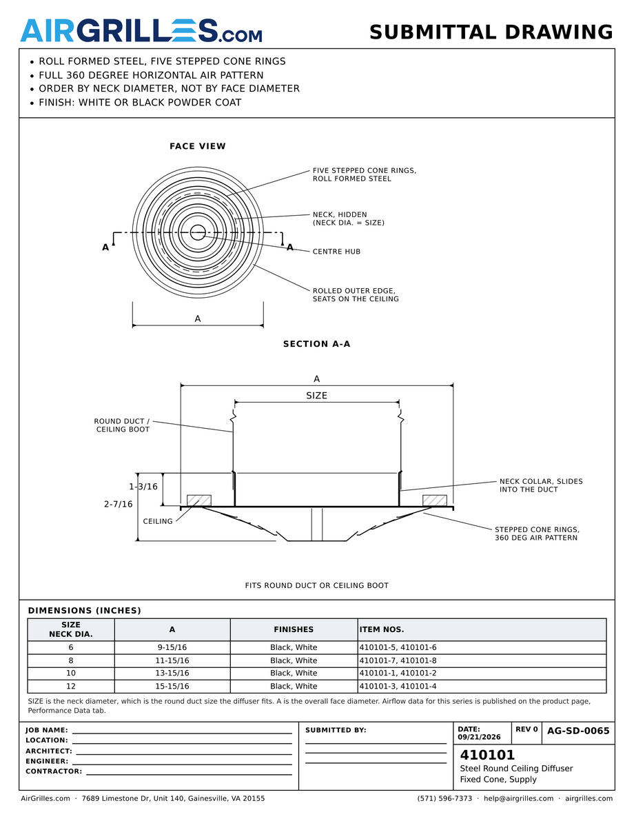 Submittal drawing AG-SD-0065: Steel Round Ceiling Diffuser / Fixed Cone, Supply, dimensions for every size of model 410101
