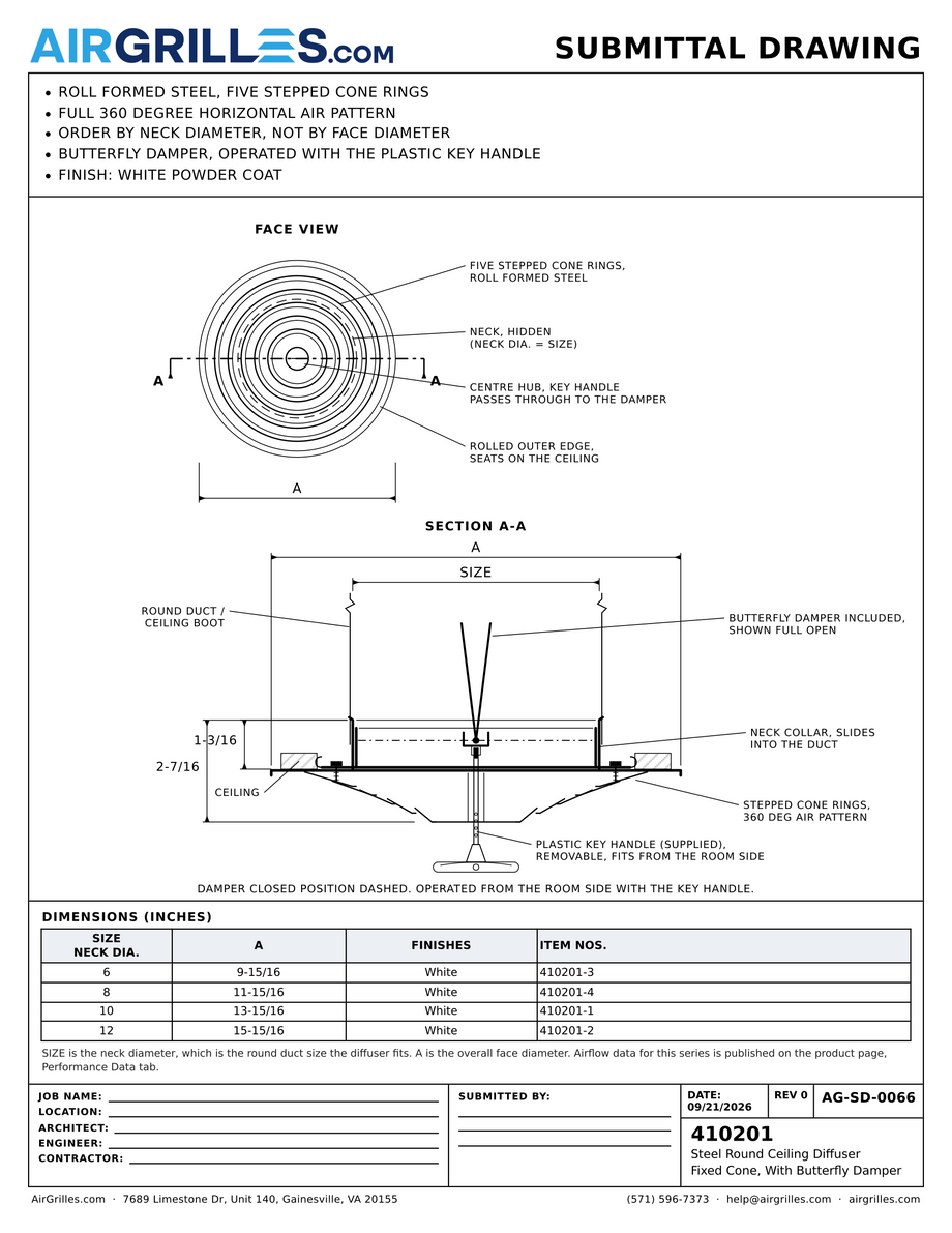 Submittal drawing AG-SD-0066: Steel Round Ceiling Diffuser / Fixed Cone, With Butterfly Damper, dimensions for every size of model 410201