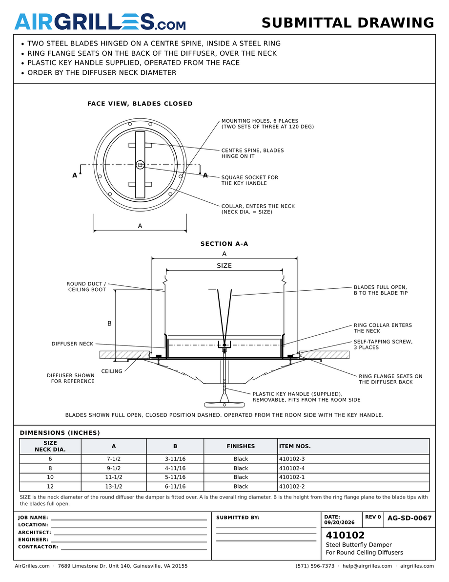 Submittal drawing AG-SD-0067: Steel Butterfly Damper / For Round Ceiling Diffusers, dimensions for every size of model 410102