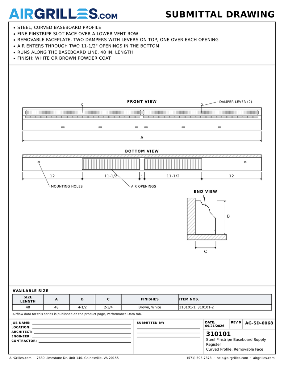 Submittal drawing AG-SD-0068: Steel Pinstripe Baseboard Supply Register / Curved Profile, Removable Face, dimensions for every size of model 310101
