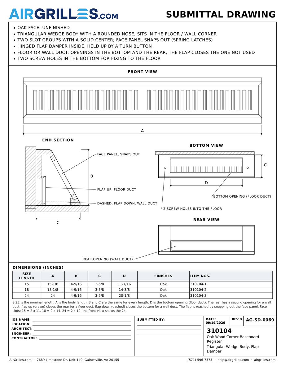 Submittal drawing AG-SD-0069: Oak Wood Corner Baseboard Register / Triangular Wedge Body, Flap Damper, dimensions for every size of model 310104