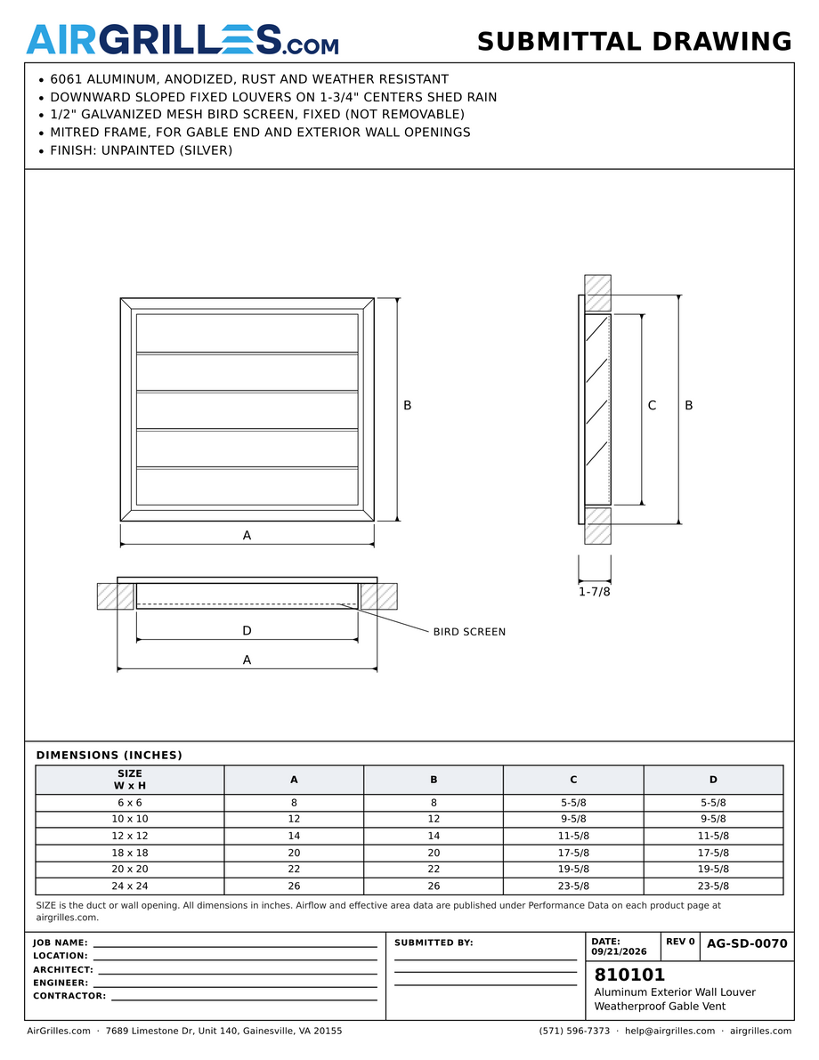 Submittal drawing AG-SD-0070: Aluminum Exterior Wall Louver / Weatherproof Gable Vent, dimensions for every size of model 810101