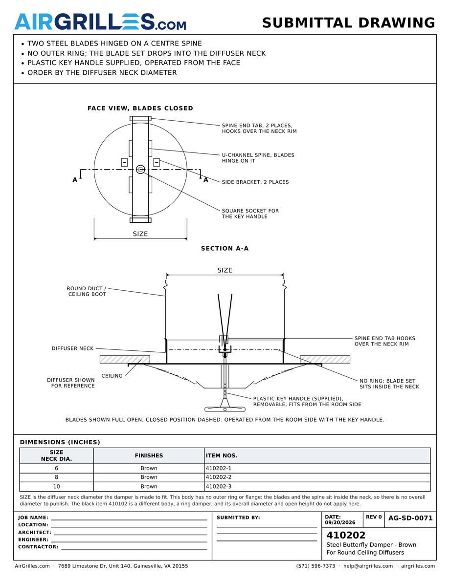 Submittal drawing AG-SD-0071: Steel Butterfly Damper - Brown / For Round Ceiling Diffusers, dimensions for every size of model 410202