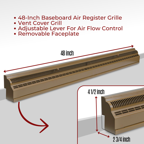48-Inch Baseboard Air Register Grille | Vent Cover Grill | Adjustable Lever for Air Flow Control | Removable Faceplate | Brown