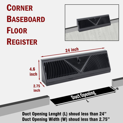 24" Black Steel Corner Baseboard Register, Round Airflow Adjustable Vent Cover