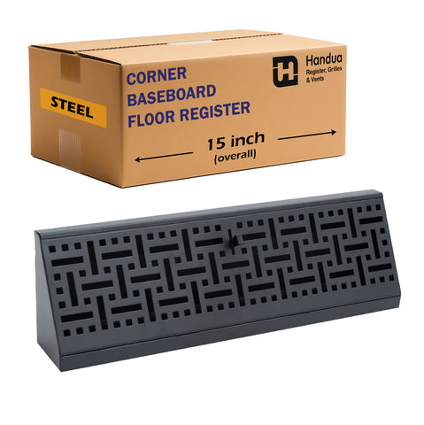 15" Corner Baseboard Register | Decorative Design | Black
